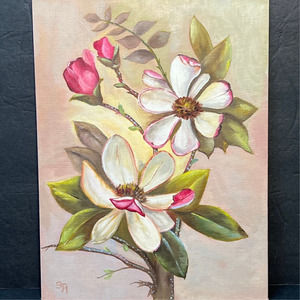 Handpainted Magnolia Floral Picture 9x12 Canvas Signed Painting Vtg Original
